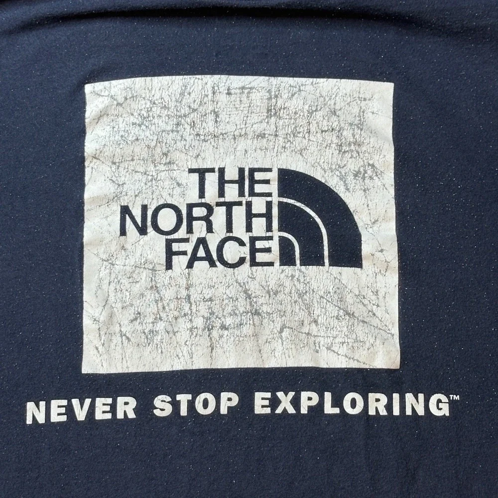 The North Face T-Shirt Mens L Navy Blue Box Logo Short Sleeve Graphic Tee Hole
